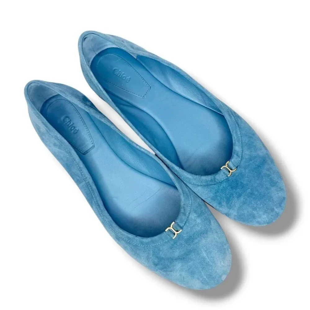 Chloé Marcie Blue Suede Ballerina Flats Small Gold Logo Women’s Size 36.5 (US 6)